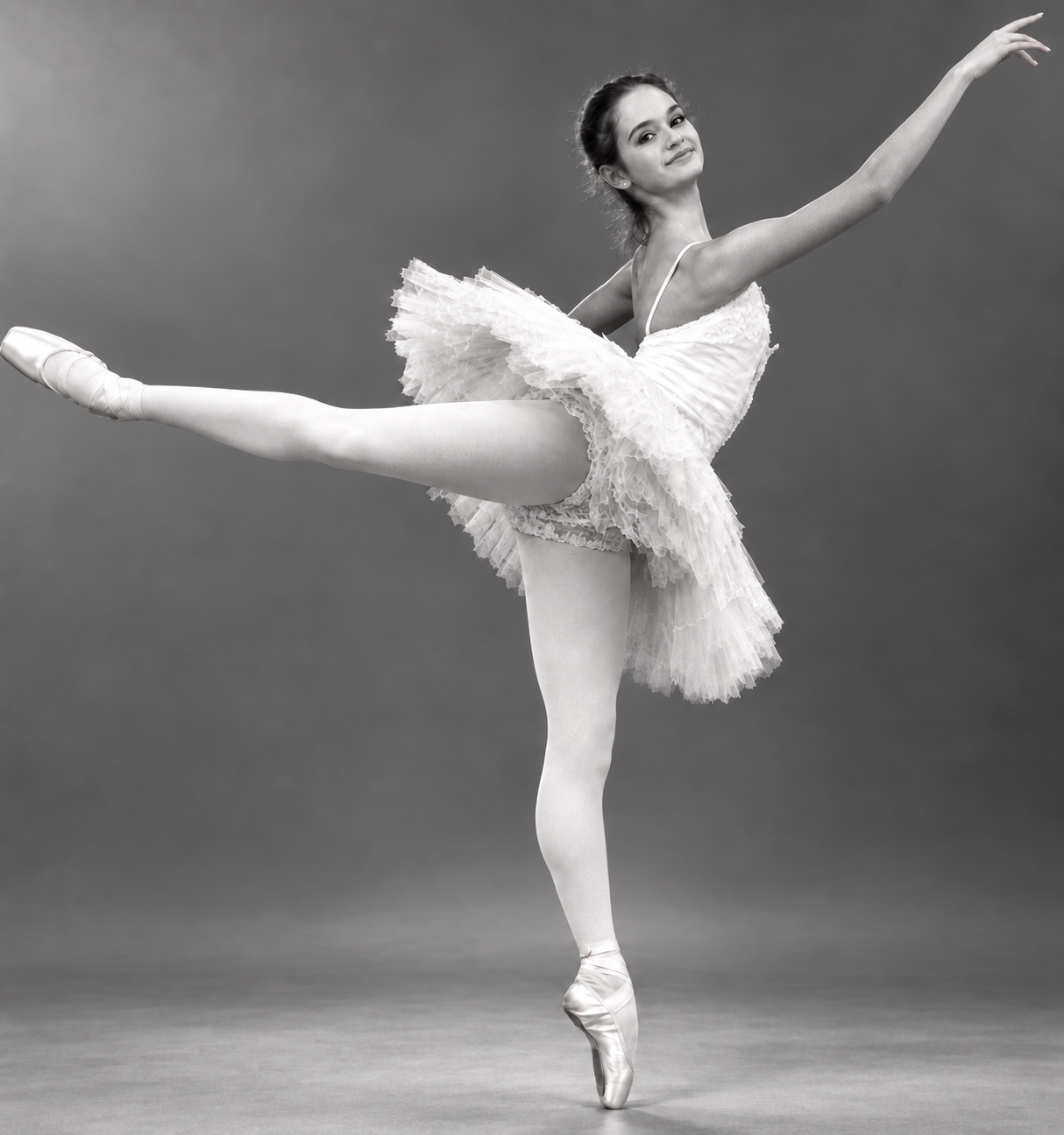 Francisca performing a classical ballet arabesque